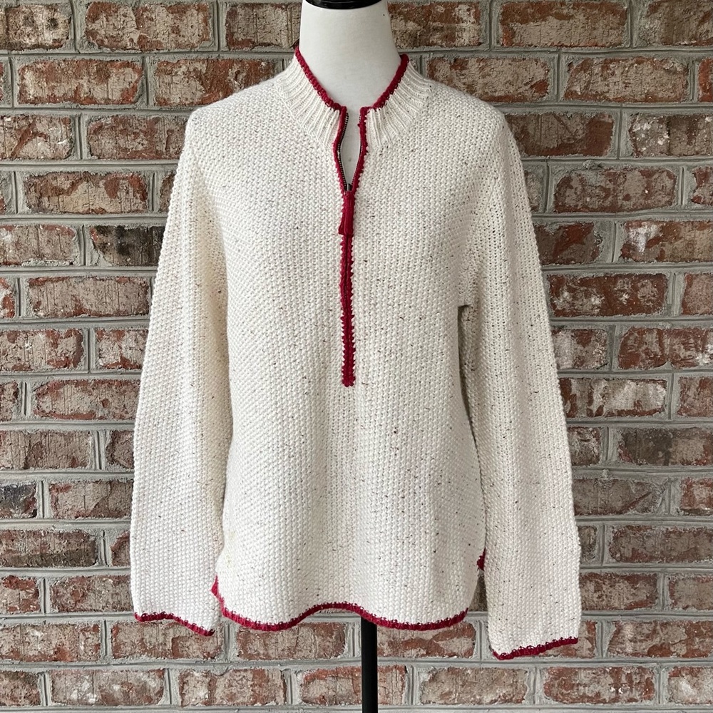 Christopher & Banks Hand Crochet Cream Red Trim Half Zip Pullover Sweater Sz M
